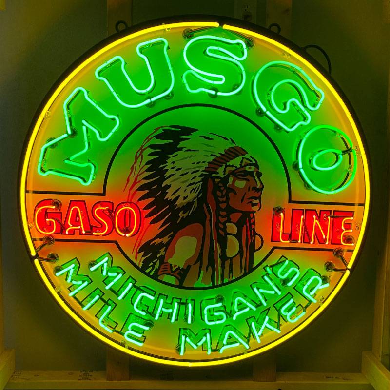 Musgo gasoline michigans mile maker neon road sign