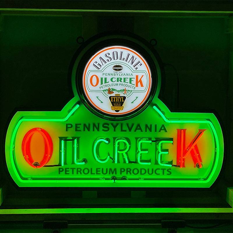Oil creek pennsylvania petroleum products neon road sign