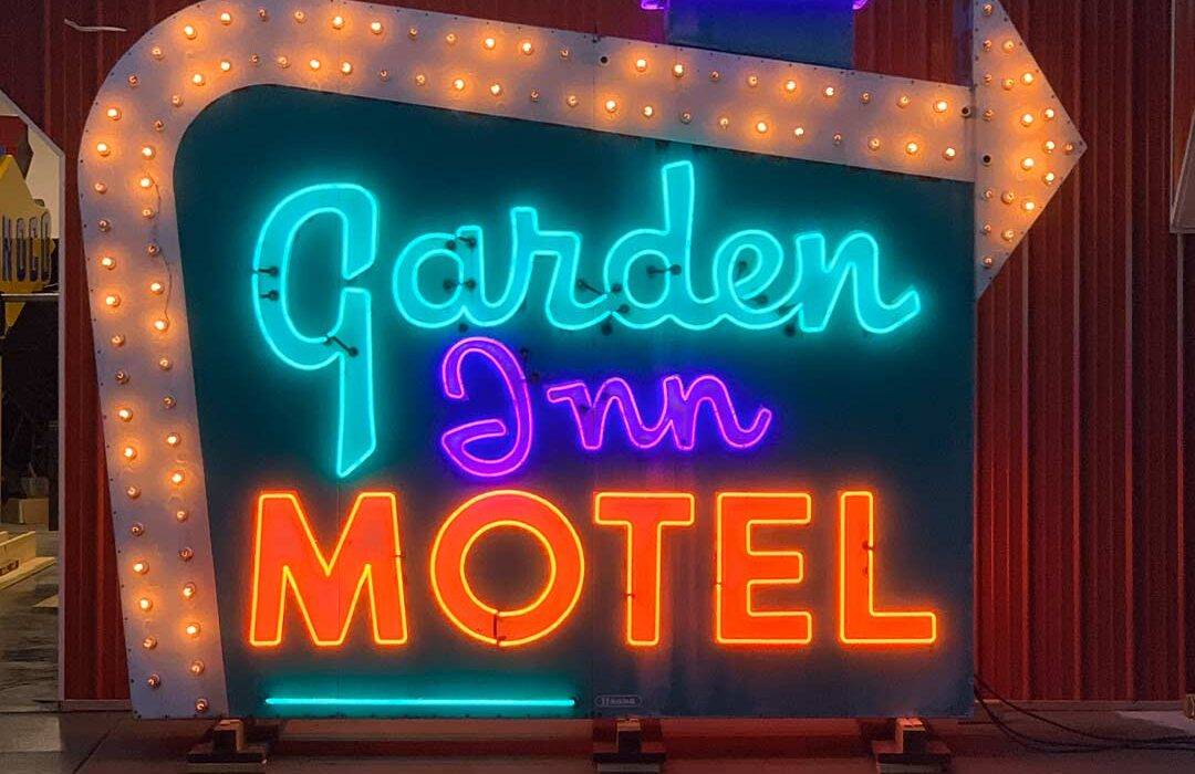 Neon road garden inn motel sign after restoration