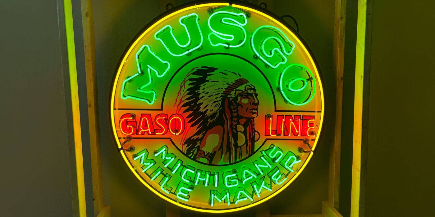 Neon road musgo michigans mile maker gasoline sign