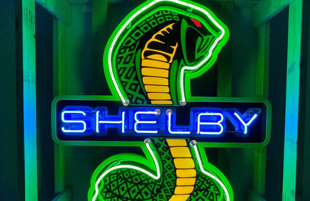 Neon road shelby sign lit on