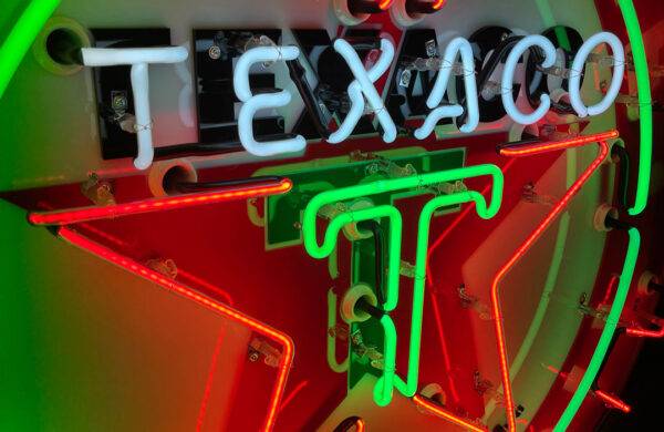 Neon road Texaco gasolne motor oil red and green round sign